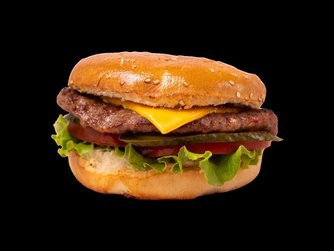 Cheese Burger: sesame bun, beef patty, melted cheese, tomato, pickles and lettuce