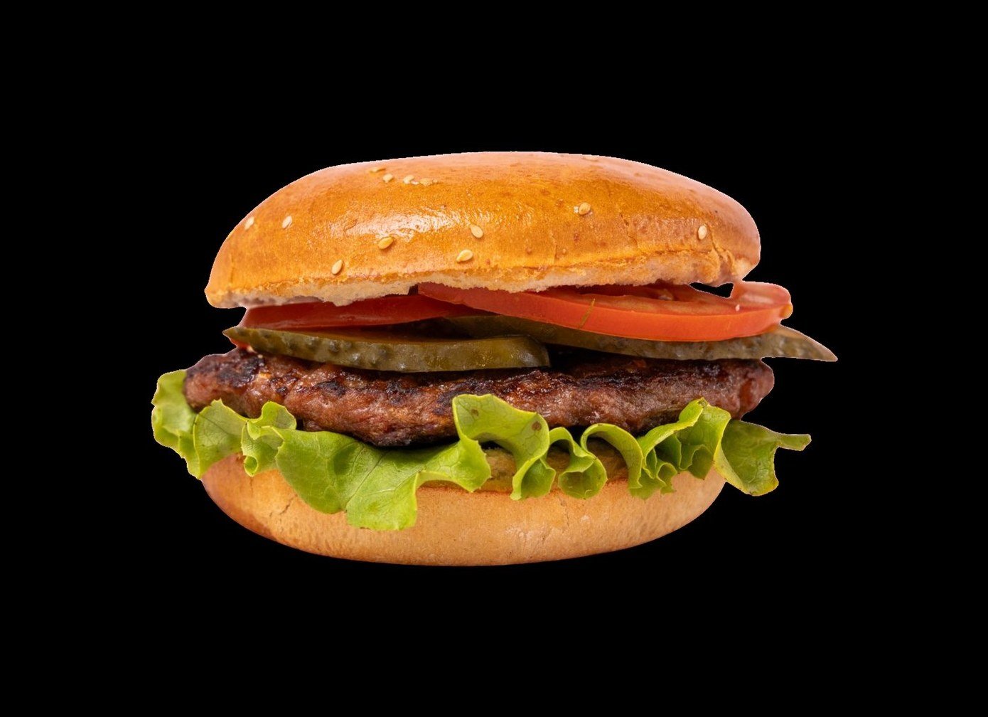 Classic Burger: sesame bun, beef patty, tomato, pickles and lettuce