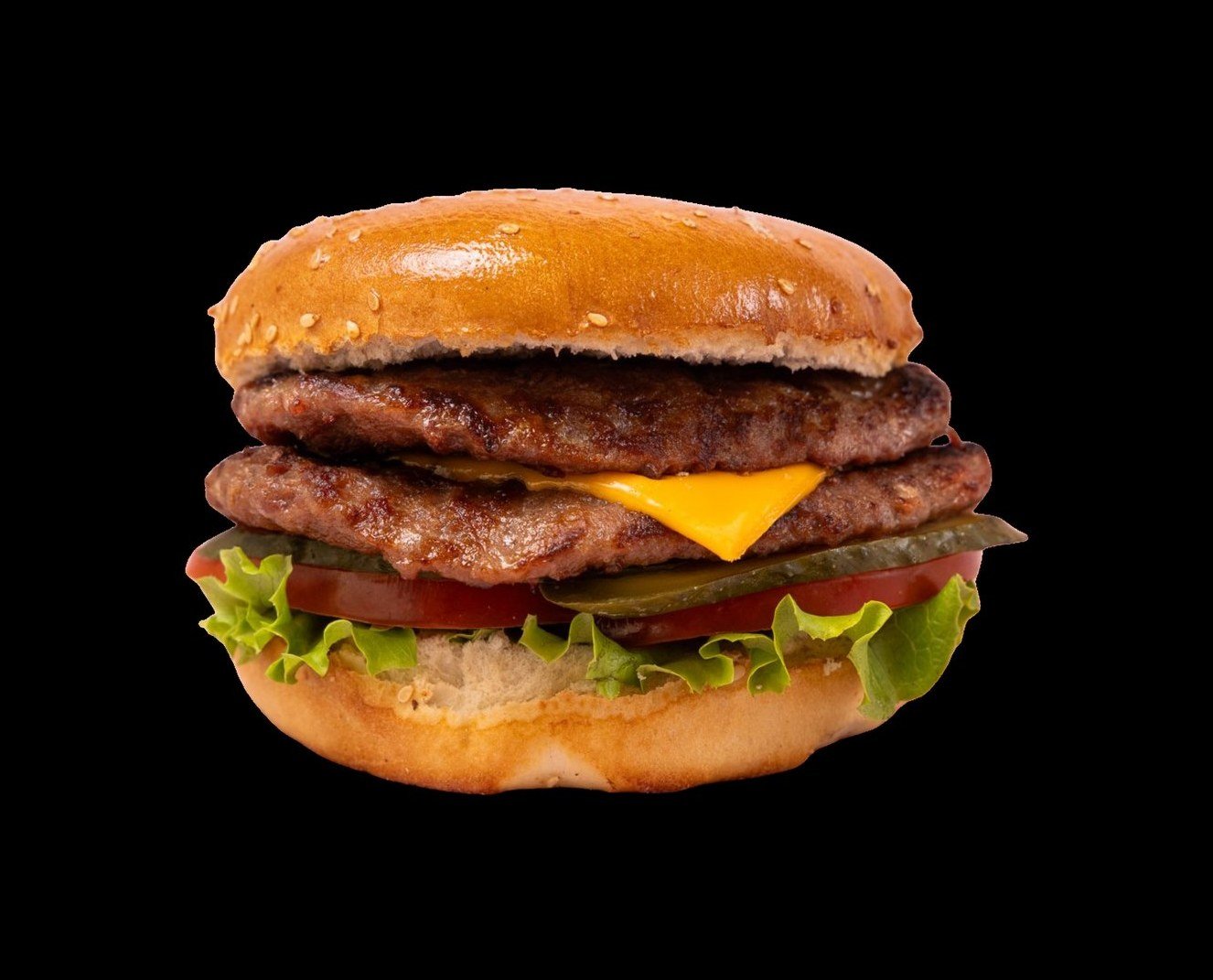 Double Cheese Burger: sesame bun, two beef patties, melted cheese, tomato, pickles and lettuce
