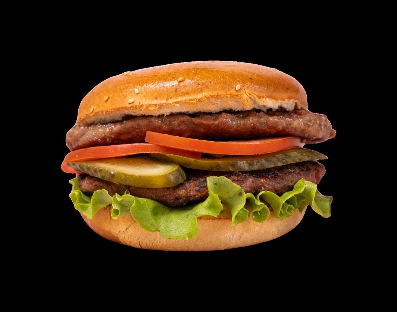 Double Burger: sesame bun, two beef patties, tomato, pickles and lettuce