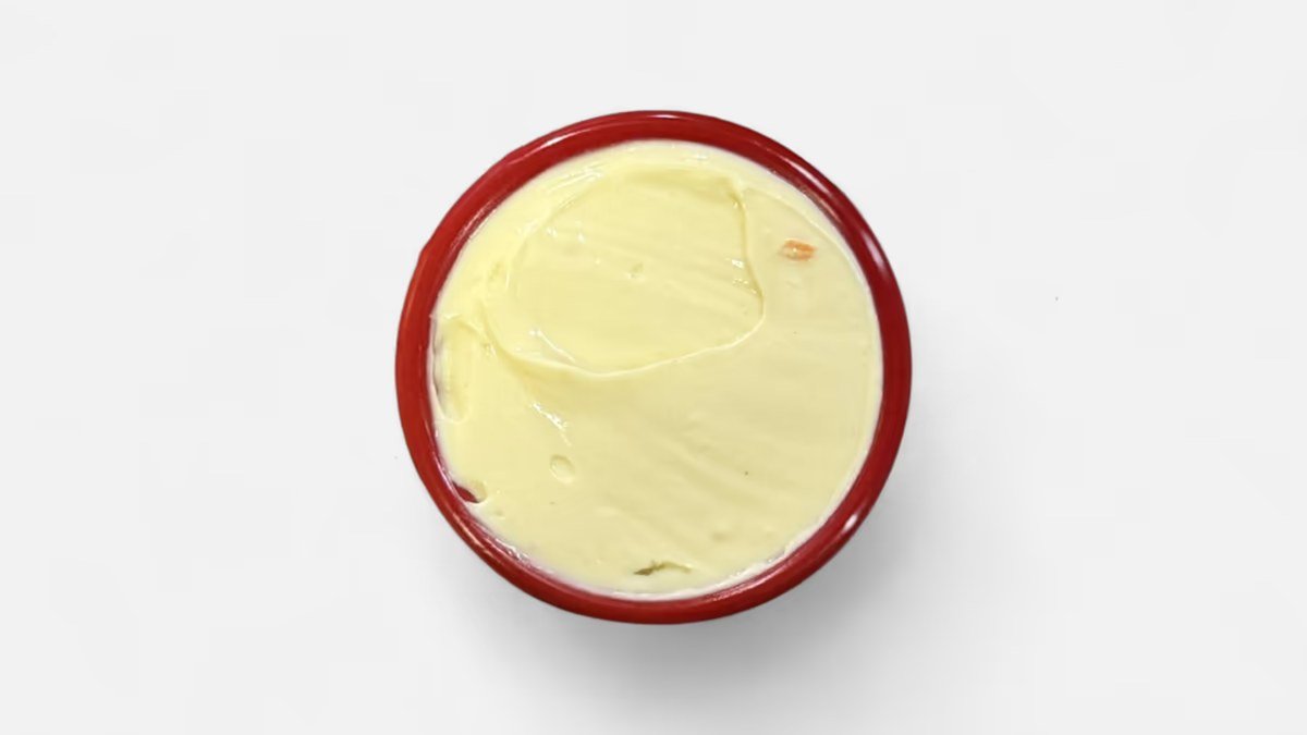 Homemade mayo in a red ramekin
