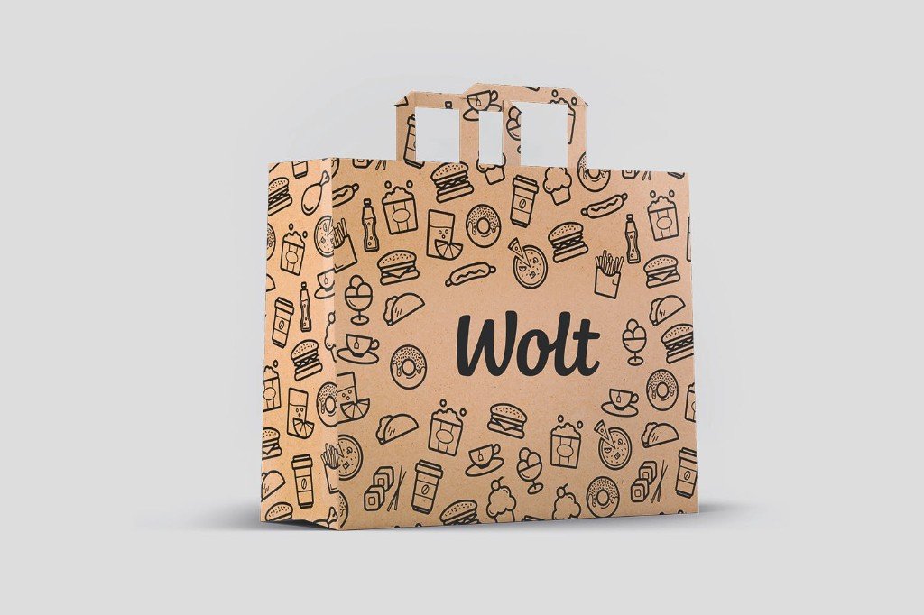 Wolt kraft paper delivery bag with food icons